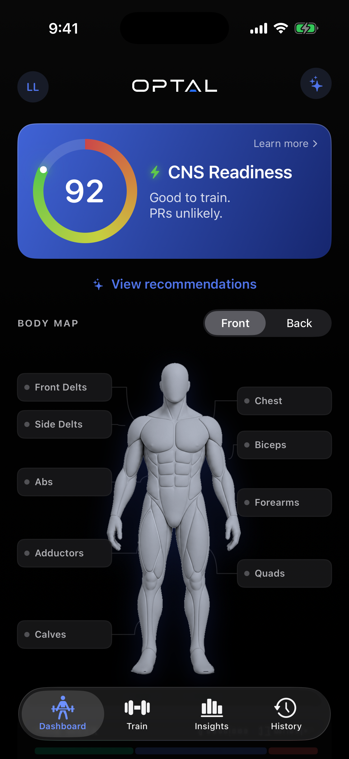 OPTAL Dashboard showing CNS readiness and the muscle body map