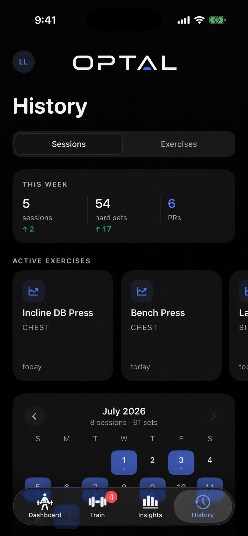 OPTAL History showing sessions, hard sets, PRs, and the training calendar