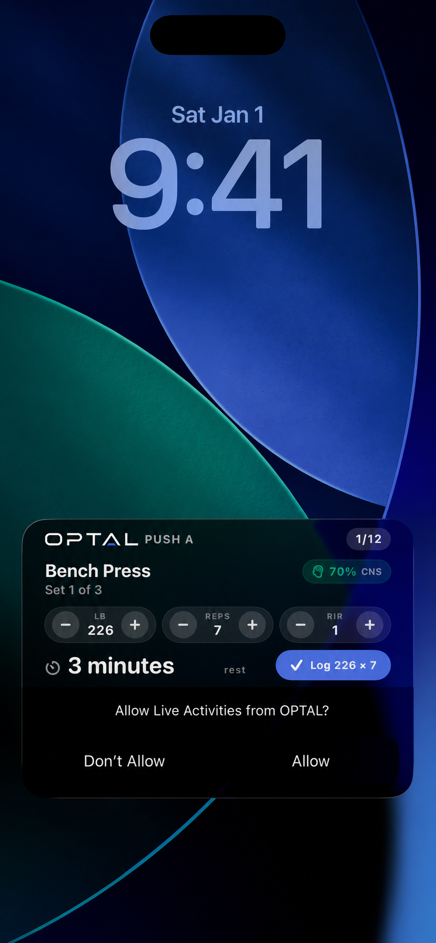 Real iPhone Lock Screen screenshot of OPTAL set controls for weight, reps, RIR, rest, and logging
