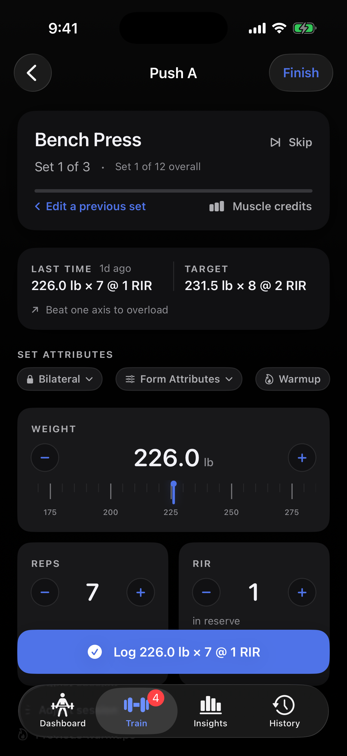 The real OPTAL active workout logger with overload target and set controls
